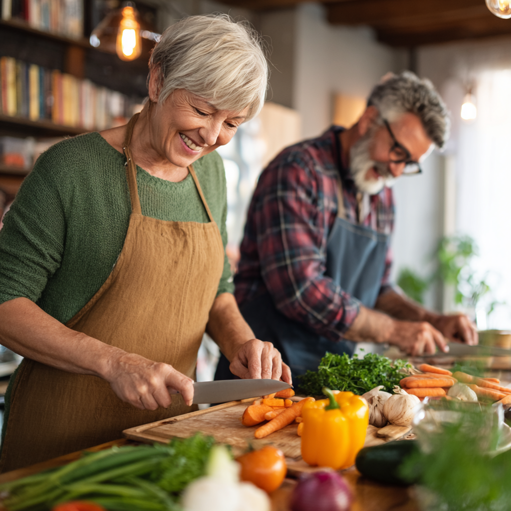 Middle-aged adults preparing nutritious meals in a bright kitchen environment