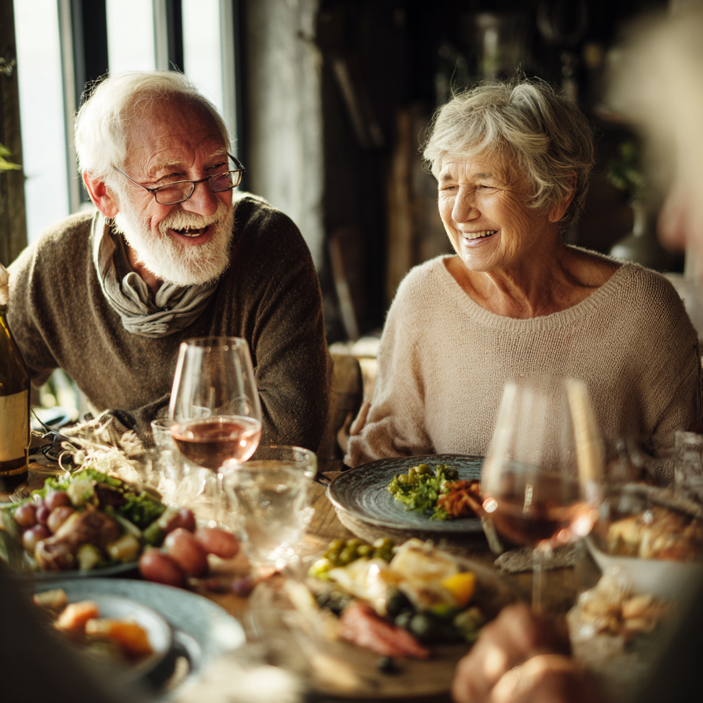Older adults enjoying a balanced and peaceful meal together in natural lighting